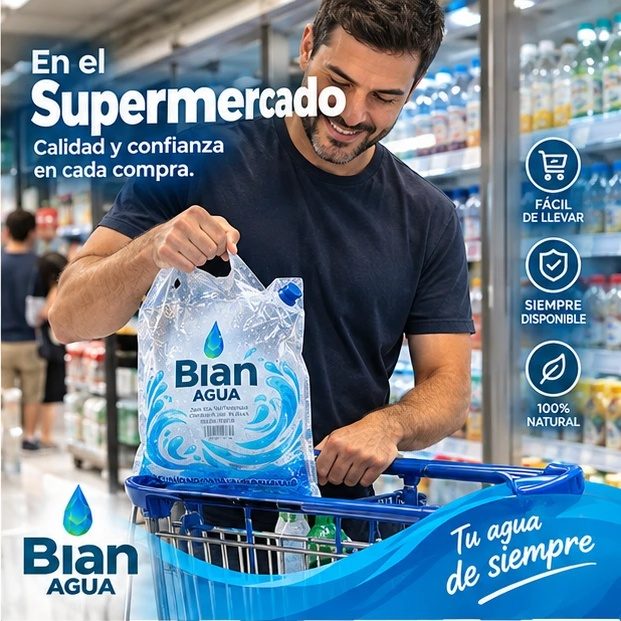 Hombre poniendo una bolsa BIAN en el carrito del supermercado